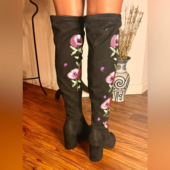 Carlos by Carlos Santana Black Faux Suede Over Knee Boots Embroidery - Picture 2 of 8